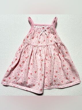 Mini Hop Baby Dress Pink Spaghetti Straps Cherries & Heart Flowers Girls Sz. 12M